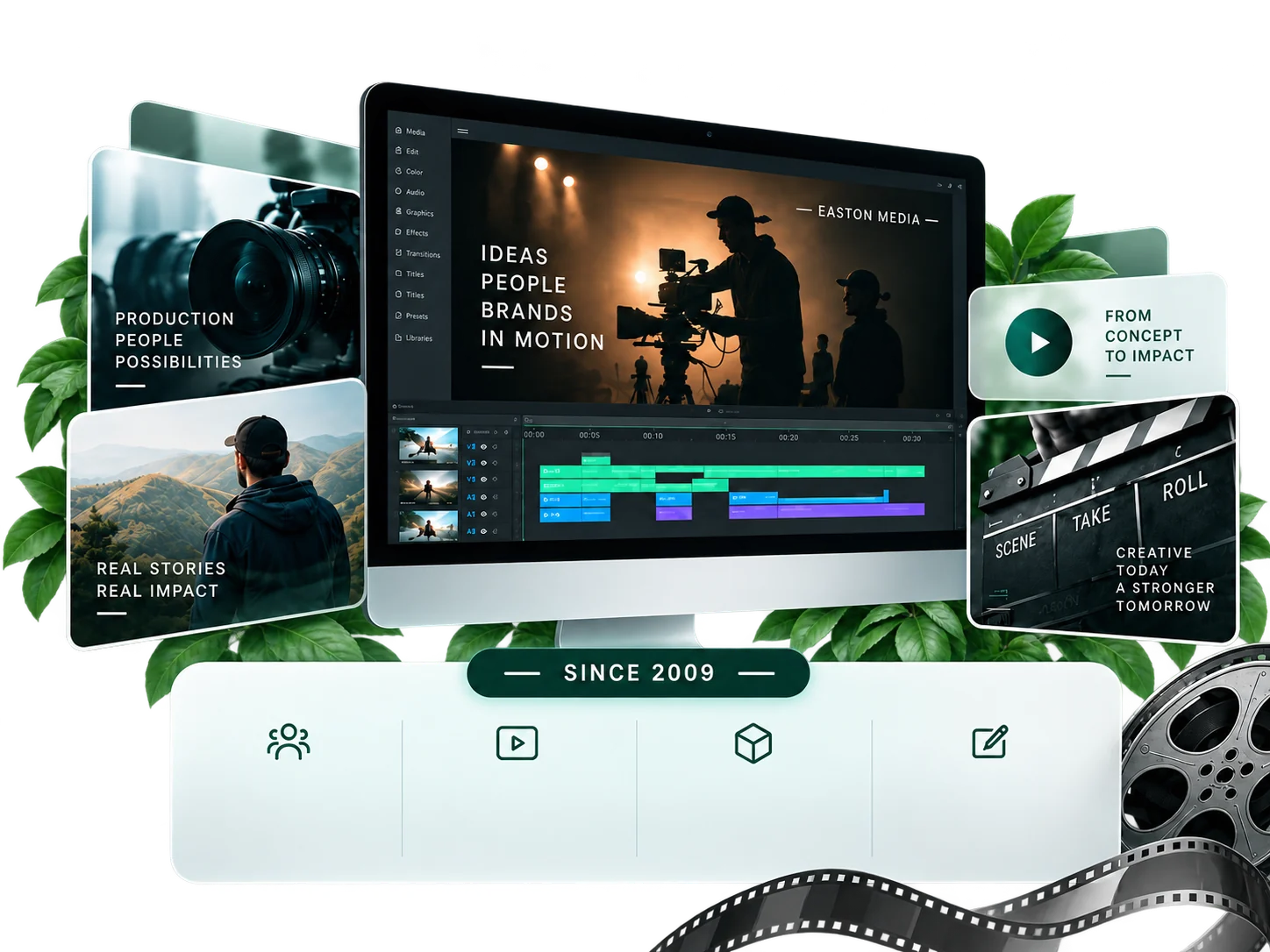 An Easton Media edit in progress on screen, framed by production stills, a clapperboard and a film reel.