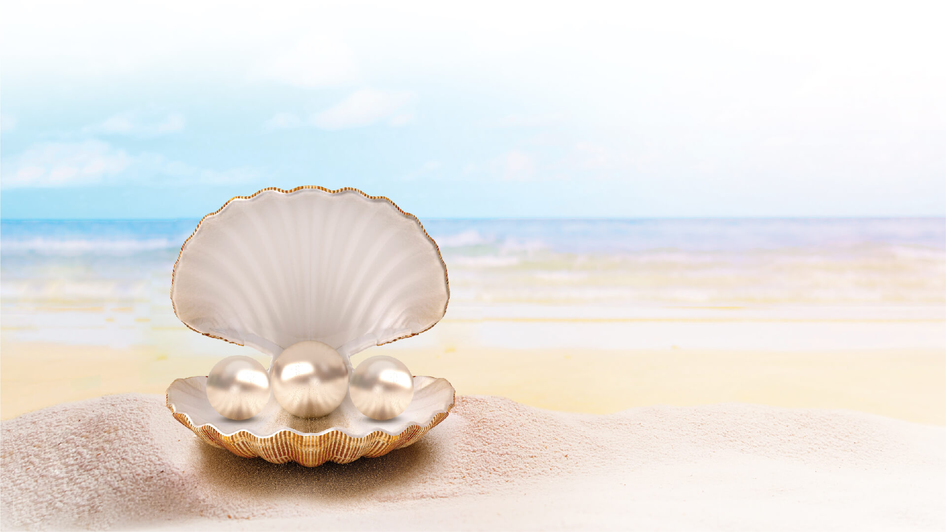 An open scallop shell holding three pearls, resting on pale sand at the shoreline.