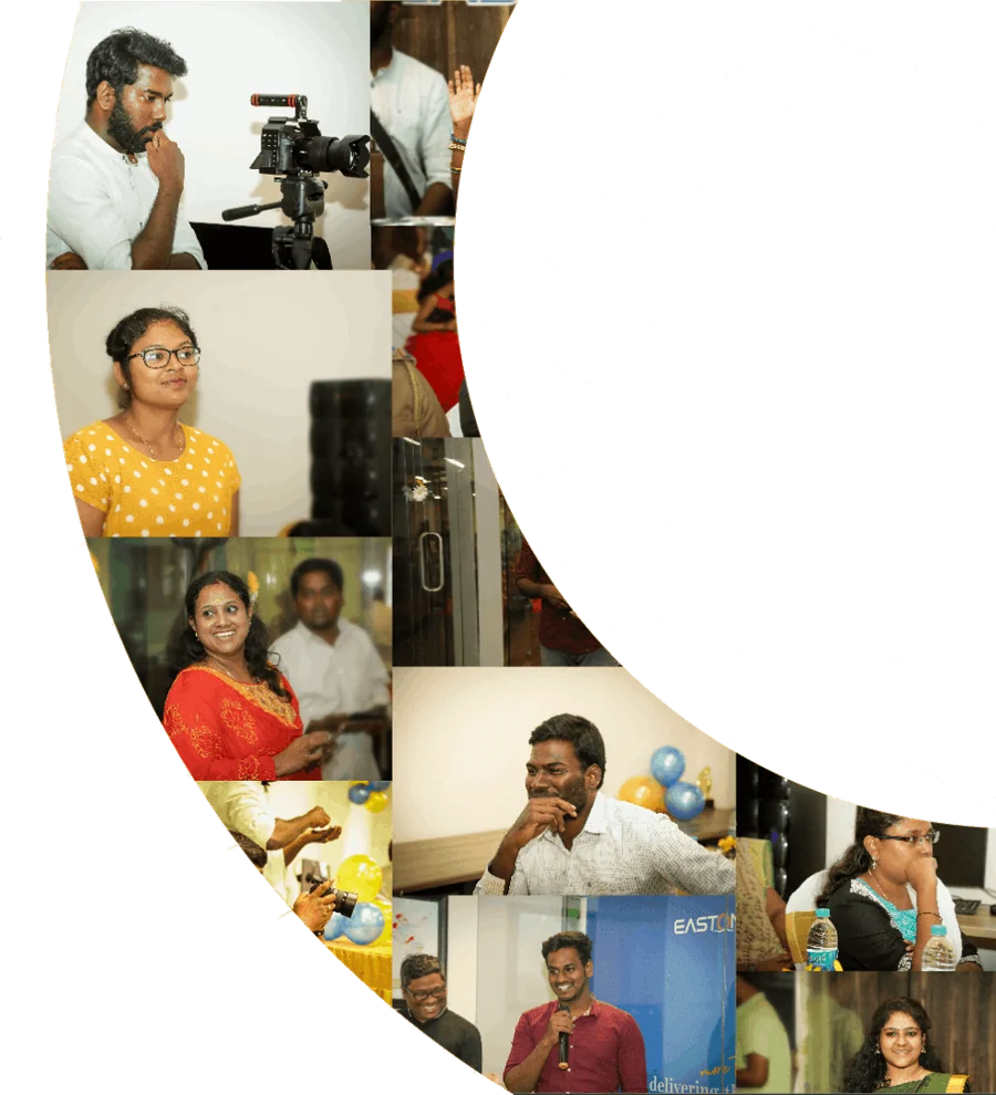 A collage of the Easton Media team: a director at a camera rig, colleagues at their desks and in meetings, and staff at an office celebration with balloons.